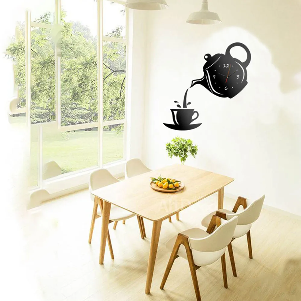 Wall clock Teapot Clock Wall Mirror Effect Coffee Cup Shape Decoration Home Decor Kitchen wall clock for kitchen reloj de pared