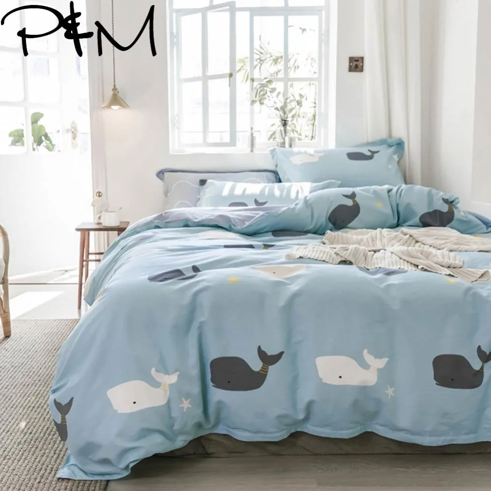 

PAPA&MIMA Cartoon Black and white whale print bedding sets cotton Twin Queen Size duvet cover bedsheet pillowcases drop shipping