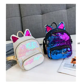 

Women Mini Backpack PU Leather Sequin Girls Travel Rucksack Shoulder Bag Cat Ear Sequin Backpack For Girl Summer Travelling Bags