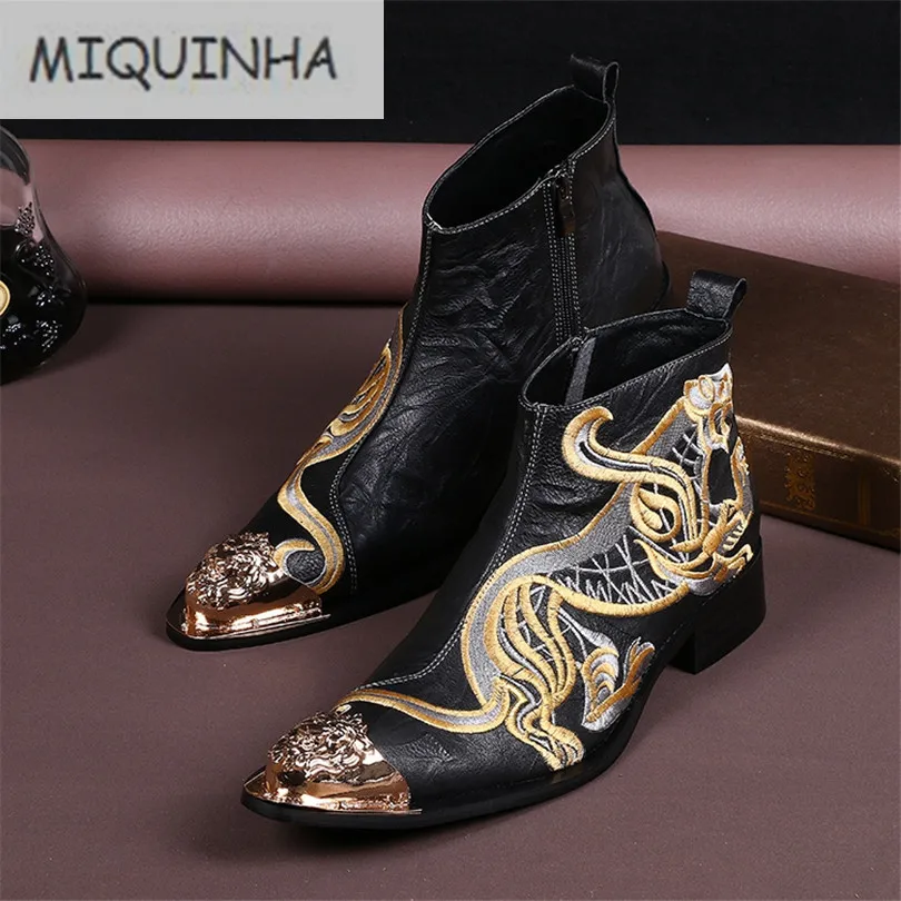 

2017 New Designer Motorcycle Boots Med Heels Embroidered Masculino British Superstar Metal Cap-Toe Mixed Colors Shoes Men Boots