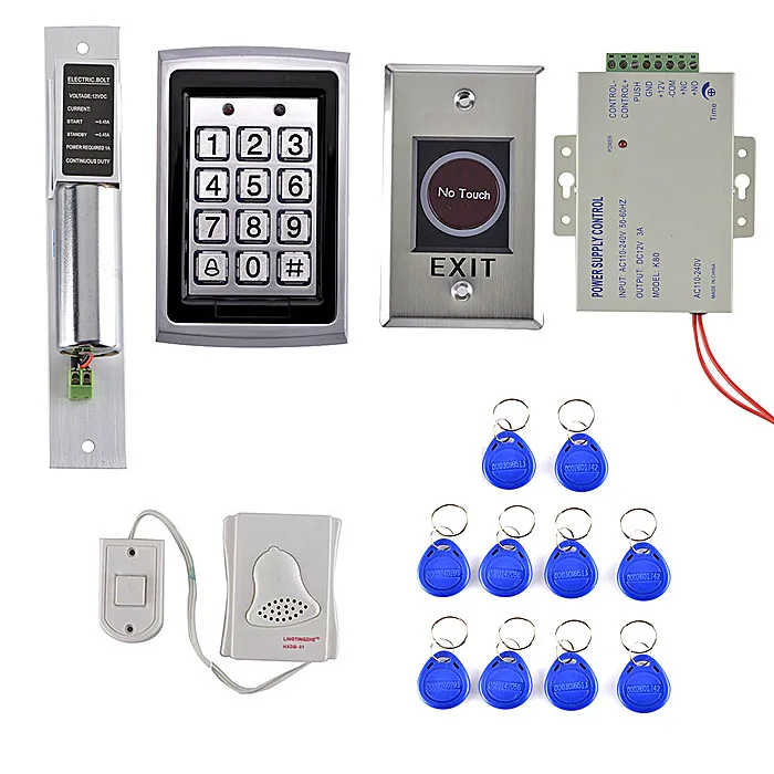 

125KHz RFID ID Card Reader Metal Case Door Access Control System Kit + Electric Bolt Lock +IR NO TOUCH Door Button