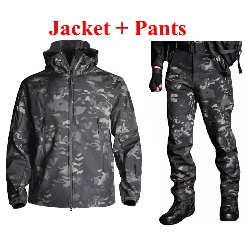 

TAD Tactical Men Army Hunting Hiking Fishing Explore Clothes Suit Camouflage Sharkskin Military Waterproof Hooded Jacket+Pants