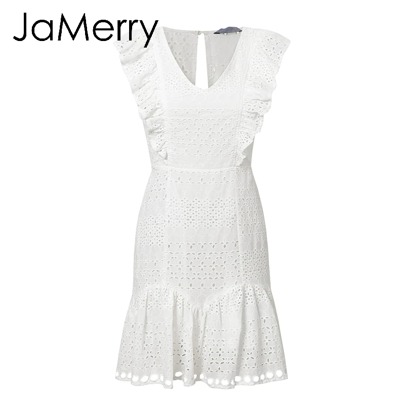 Женское винтажное короткое платье JaMerry белое кружевное хлопковое с вышивкой и - Фото №1