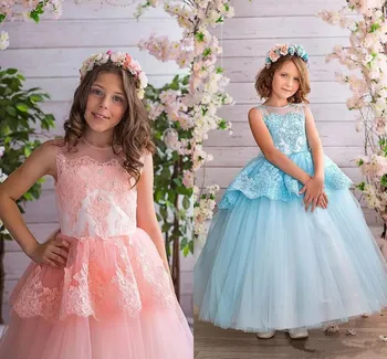 

Vintage Cheap Arabic Flower Girl Dresses with Lace Appliques Big Bow Sheer Jewel Neck Sleeveless Girls Pageant Gowns Vestidos