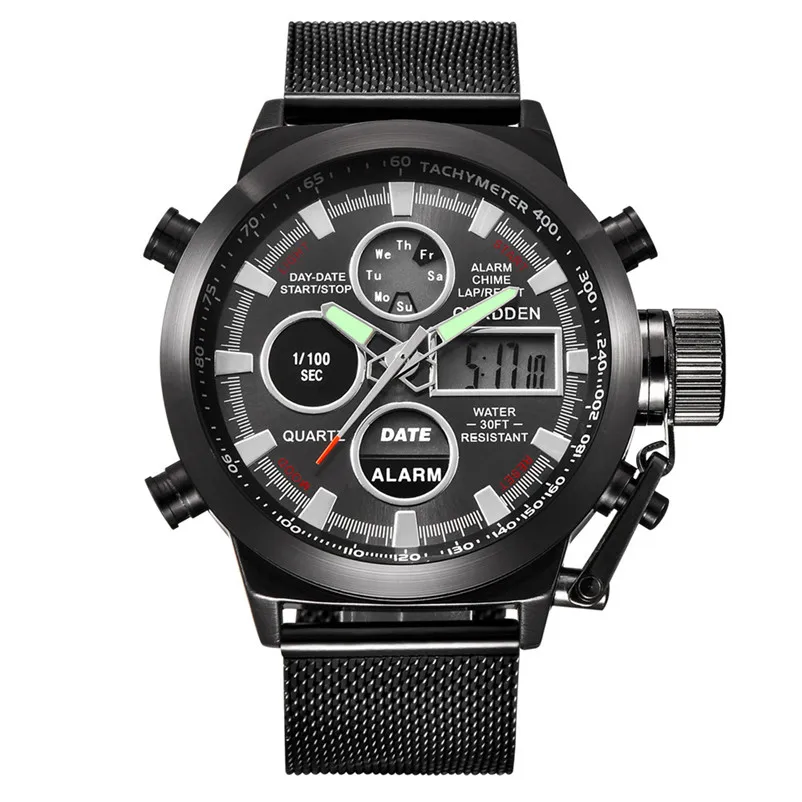 

Men's Watch Mens Luxury Business Wrist Watches Luminous Pointer Dual Time LED Digital Analog Quartz Movt Steel Band Watch Clock