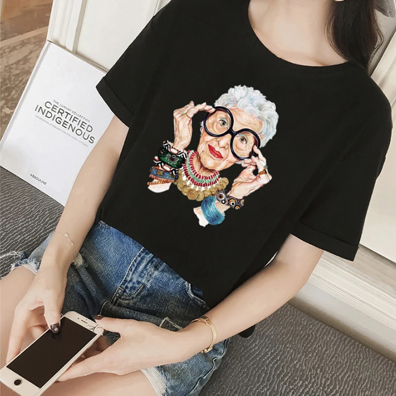 

New 2019 Summer Tumblr Fashion Old Women Print T Shirt Women O-neck Short Sleeve Tops For Women Kawaii Korean version