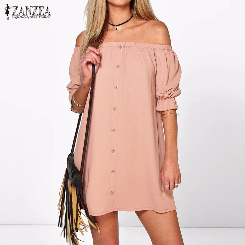 

ZANZEA Women Vestidos 2019 Sexy Off Shoulder Mini Party Dress Casual Loose Half Sleeve Strapless Dresses Long Tops Plus Size