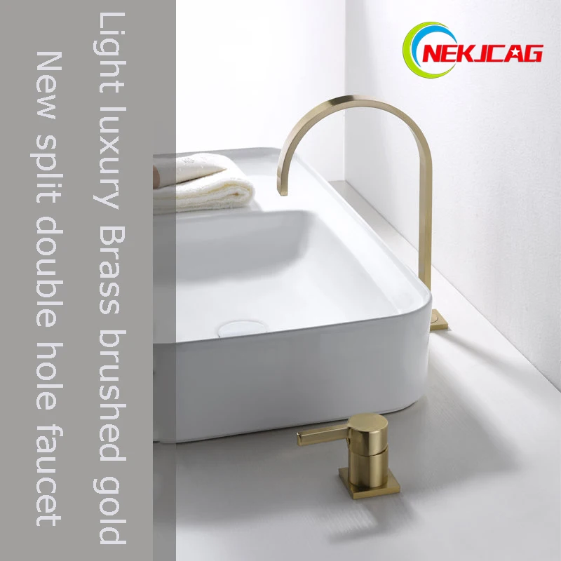 Copper Hot and Cold Double Hole Heightened Washbasin Above Counter Basin Faucet Brushed Gold Nordic Brass | Обустройство дома