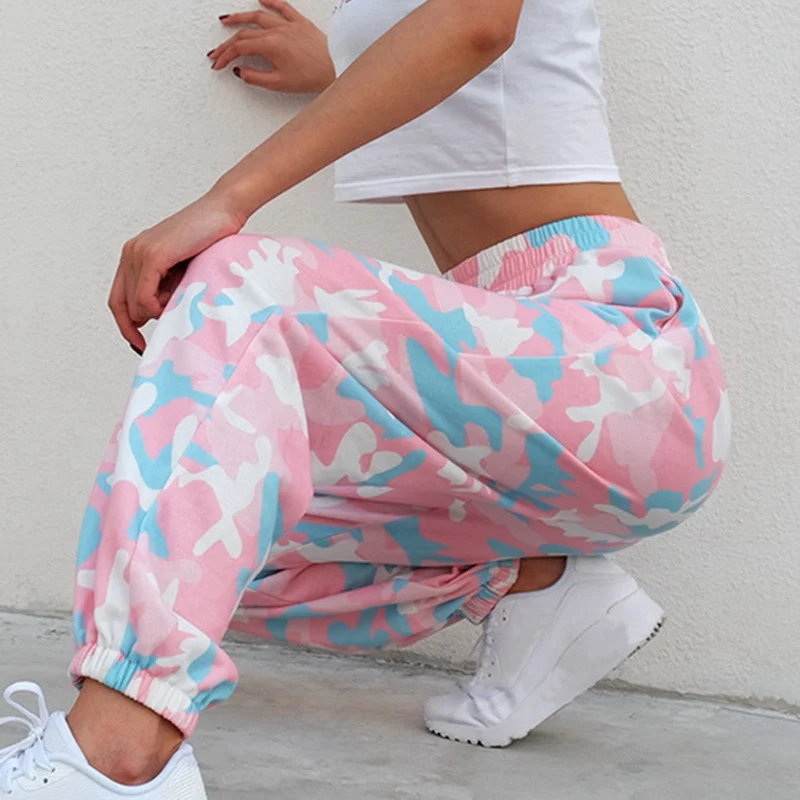 

Laamei 2019 Pink Camouflage Pants Womens Camo Cargo Sweat Pants High Waist Elastic Trousers Casual Baggy Joggers Print Pockets