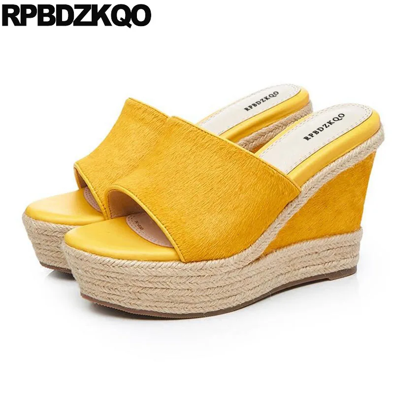 Designer Luxury Espadrilles Women Pumps Yellow Slip On Wedge Sandals High Heels Platform Slides Shoes Summer Rope 2018 Horsehair fringe slip on slides yellow