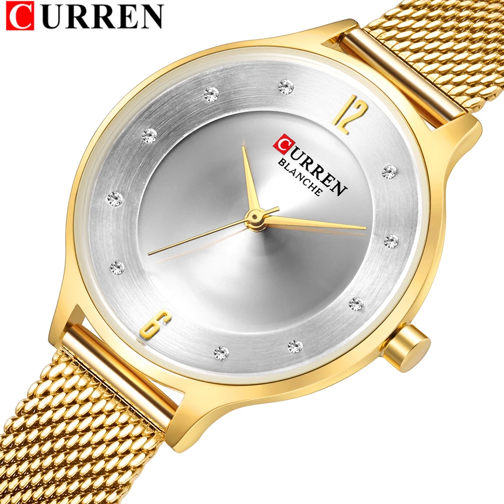 

Gold Women's Watch CURREN Slim Quartz Steel Mesh Strap Wristwatch Beautiful Rhinestone Dial Ladies Watches With 30M Waterproof