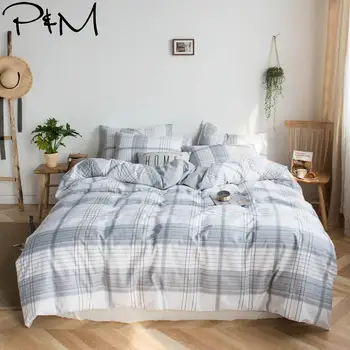 

2019 INS Nordic Grey Plaids Lines Duvet Cover Set Flat Fitted Sheet Cotton Bedlinens Hypoallergenic Twin Queen King Bedlinens