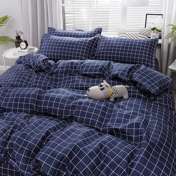 

New Dark blue Plaid Stripe Pattern High Quality Bedding Set Bed Linings Duvet Cover Bed Sheet Pillowcases Cover Set 51