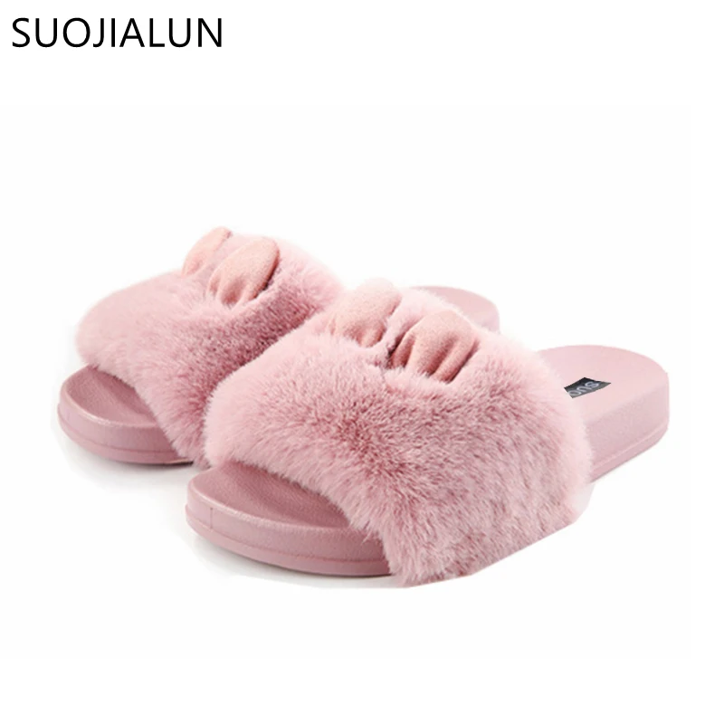 

SUOJIALUN Women Shoes Women Slippers Platform Plush Home Slipper Cute Rabbit Slip On Fur Slides Lady Casual Flat Heel Shoes