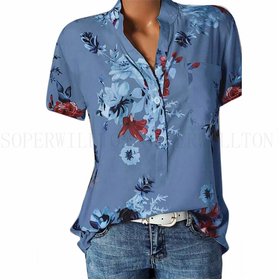 Офисная блуза на пуговицах, женская рубашка, топ, Женские топы и блузки свободного размера плюс 5XL, летняя женская блузка с коротким рукавом и принтом s