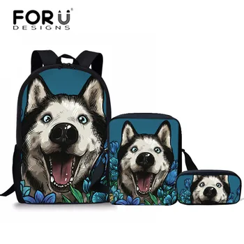 

FORUDESIGNS 3Pcs/set Children School Bags for Teenager Girls Cute Husky Printing Primary School Backpacks Students Large Satchel