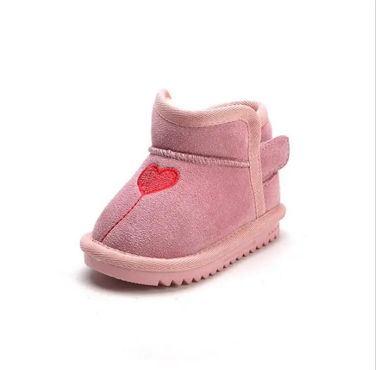 

12-16CM Baby Shoes Winter Genuine Leather Love Girls Boots Fur Warm For Kids Snow Boots Gray pink Toddler Walkers 1-3 years old