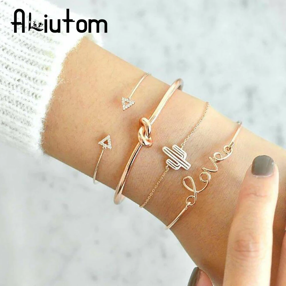 

ALIUTOM 4Pcs/Set Gold Color Cactus Letter Knot Bracelet Bohemian Geometric Metal Chain Bracelet Statement Jewelry