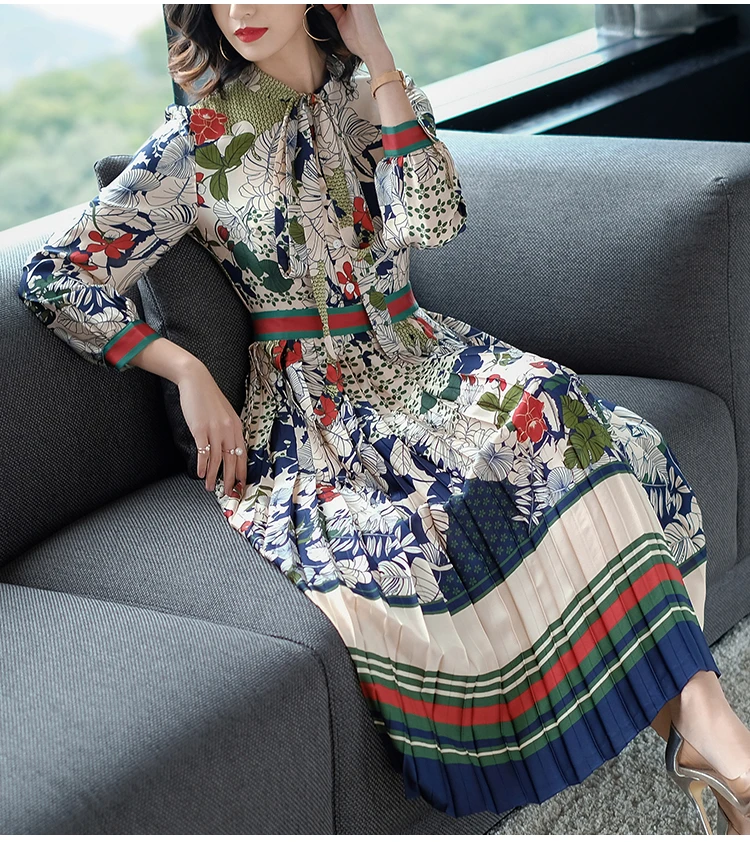 Online 2019 New Spring Autumn Elegant Large Size Women Dress Slim Waist Thin Lace Bow Holiday Dress Pleated Casual Vestidos Gothic