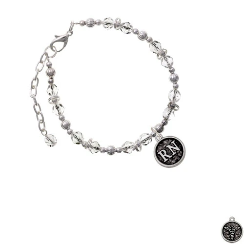 Silvertone Nurse Caduceus Seal - RN Clear Beaded Bracelet