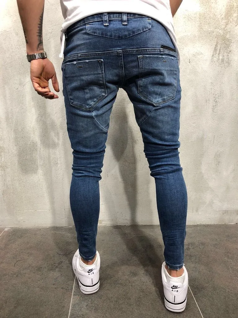 Уличная Хип-хоп мужские Синие рваные колени облегающие мужские джинсы Рваные стрейч хлопок мотоцикл джоггеры джинсовые брюки плюс размер XXXL