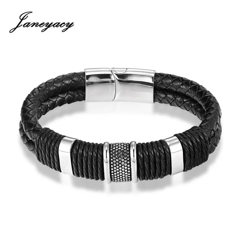 

Janeyacy Top Quality Leather Bracelet Bangle Double Braided Jewelry Stainless Steel Metal Men's Bracelet Women 's Bracelet