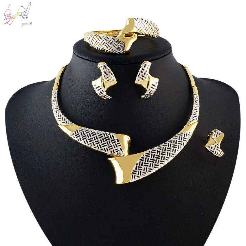 

YULAILI Top Quality Pure Gold Color Party Costume Jewelry Sets for Ladies Necklace Bangle Earrings Ring Accessories