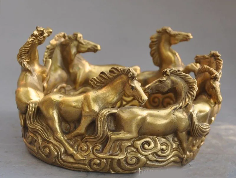 

wedding decoration 7" Chinese Fengshui Brass copper Success Zodiac 8 horse Statue pen wash Ashtray
