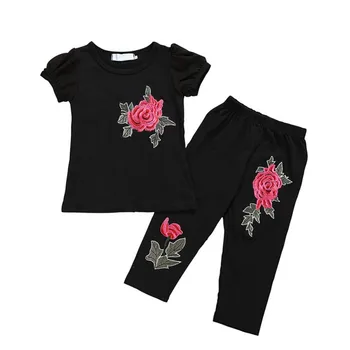 

Floral O-Neck Casual Summer Baby Toddler Girl Short Sleeve Flower Embroidery T-shirt Blouse Tops+Long Pants Casual Outfits New