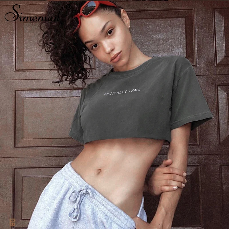 

Simenual Fashion Letter Embroidery Tee Shirts Women Grey Cotton Crop Top Short Sleeve Oversized T Shirt Summer 2019 Casual Top