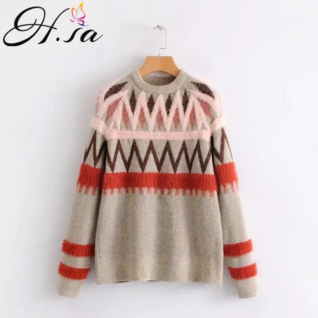 H.SA Woman Sweater Pullovers Long Sleeve Loose Oversized Knitted Jumpers Oneck Geometric Pullover Jumpers cashmere sweater 2018