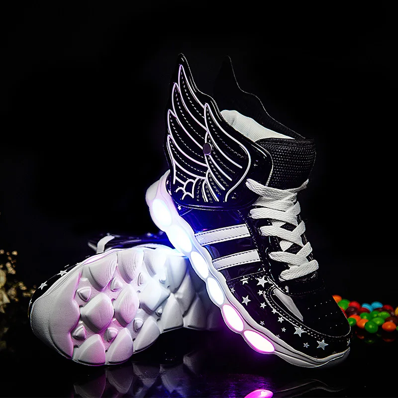 أسود أحذية الأطفال ضوء Led مضيئة أحذية الفتيان الفتيات USB شحن الرياضة أحذية عارضة Led أحذية الجناح الاطفال متوهجة رياضية
