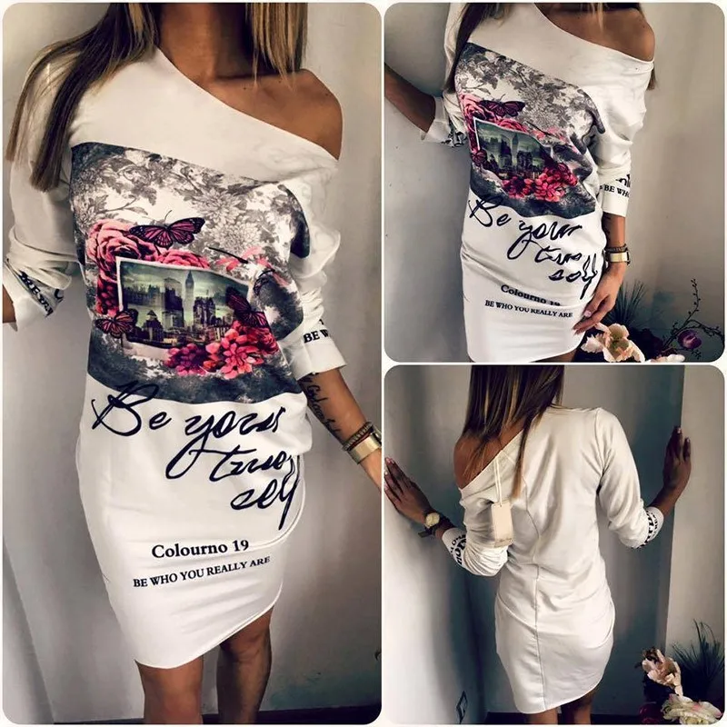 

Women Picture Printed Slash Neck Slim Elastic Dresses Autumn Sexy Long Sleeve Sexy Party Dresses Casual Dress Vestidos