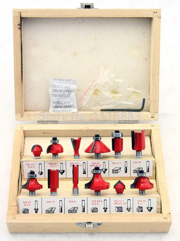

12PCS 1/4" Shank Diameter, TCT Tungsten Carbide Tipped Router Bit Set in a Wooden Box