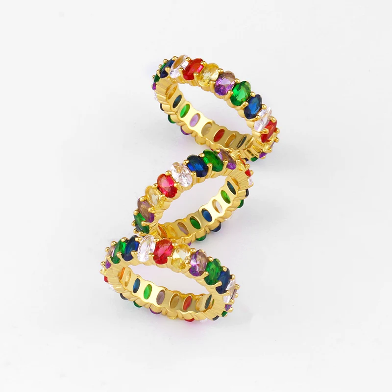 

2019 New Rainbow Gold Rings Colorful Baguette Cubic Zirconia CZ Stomes Filled Engagement Band Rings For Women Trendy Jewelry