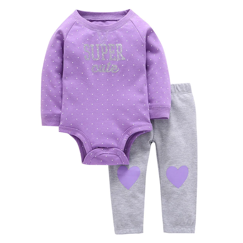 Baby Kids Newborn Girls Letter Purple Romper Jumpsuit + gray Pants Set