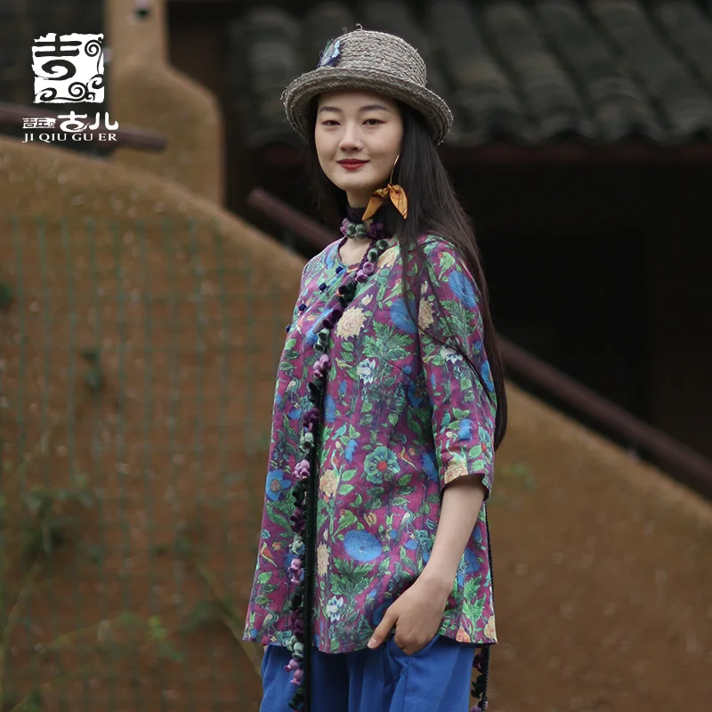 

Jiqiuguer Ethnic Women's Wear Retro Cotton and Linen Blouse Literary Printing Ramie Plate Button Top Female G191Y056