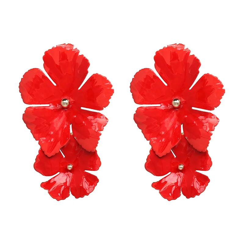 

Women's Dual Metal Flower Petal Pierced Earrings 2018 Chic Jewelry Party Big Statement Earrings Pink Red Christmas Gifts Plants