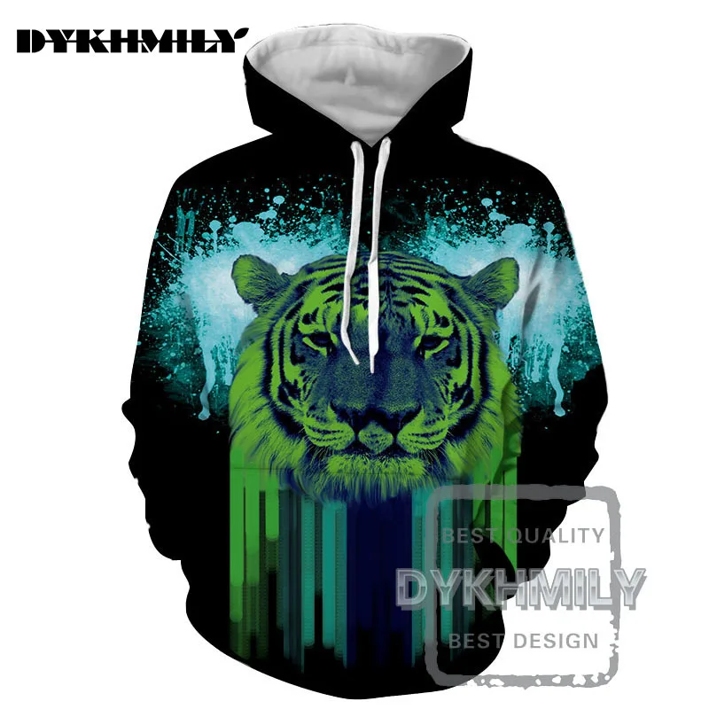 Dykhmily 2017 Новая мода зеленый тигр мужские Худи с Кепки 3D печати Толстовка принт