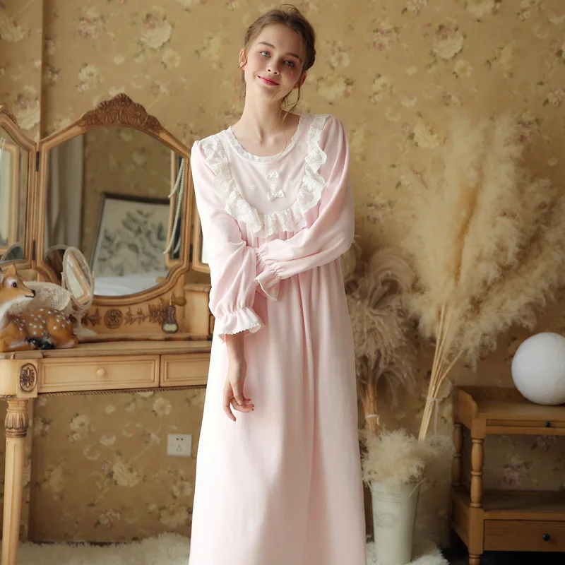 

Autumn Winter Vintage Nightgowns Pregnant Women Dresses Princess Sleepwear Solid Lace Home Dress Comfortable Nightdress CA537