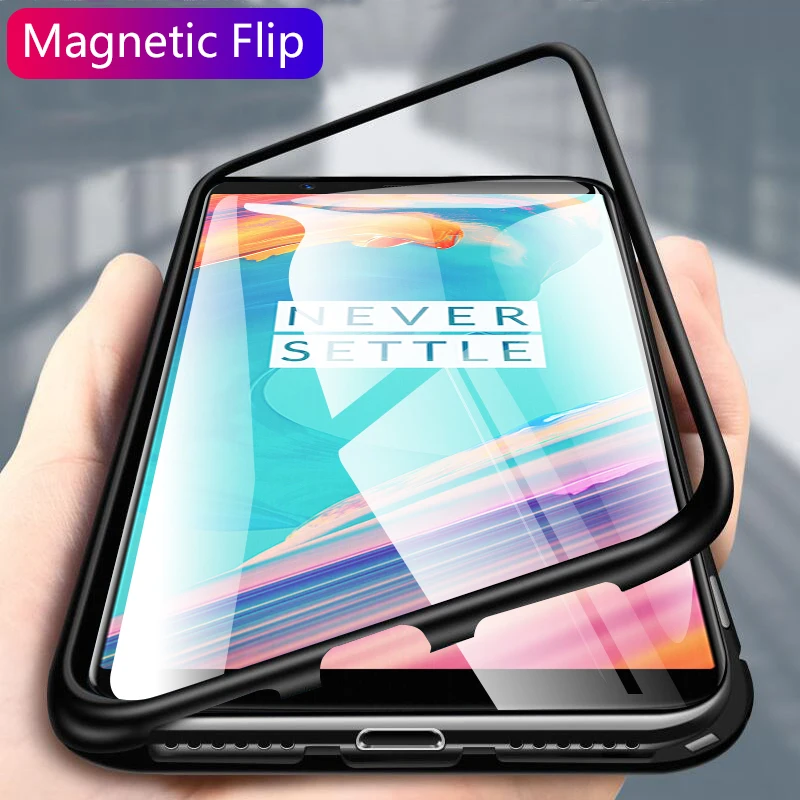

Magnetic Adsorption Phone Case For OnePlus 5T A5010 1+ 5T Magnet Metal Frame Transparent Tempered Glass Back Cover Cases Capa
