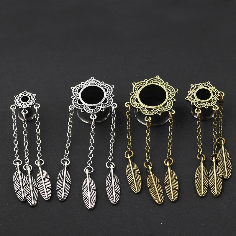 JUNLOWPY Piercing Tunnel Stainless Steel Gold Silver Feather Ear Plug Tunnel Filigree Tribal Dreamcatcher Pandent Body Jewelry