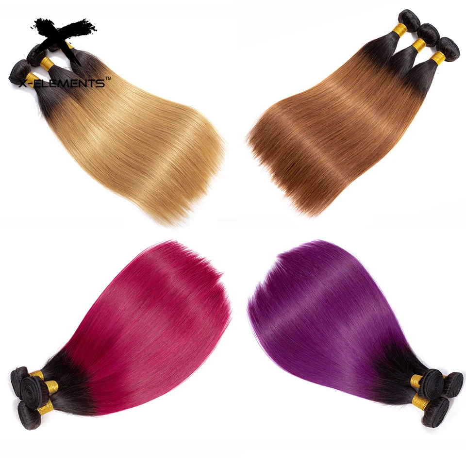 X-Element Brazilian Ombre Hair Bundles Straight 100% Human Hair Ombre Hair Extensions 3/4 Pcs Non Remy Ombre Hair Weave Bundles