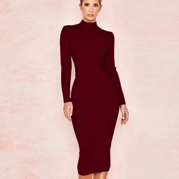 

New Arrival Hot Sale Rib O Neck Solid Full Sleeves Women Bodycon Ankle-Length Dress