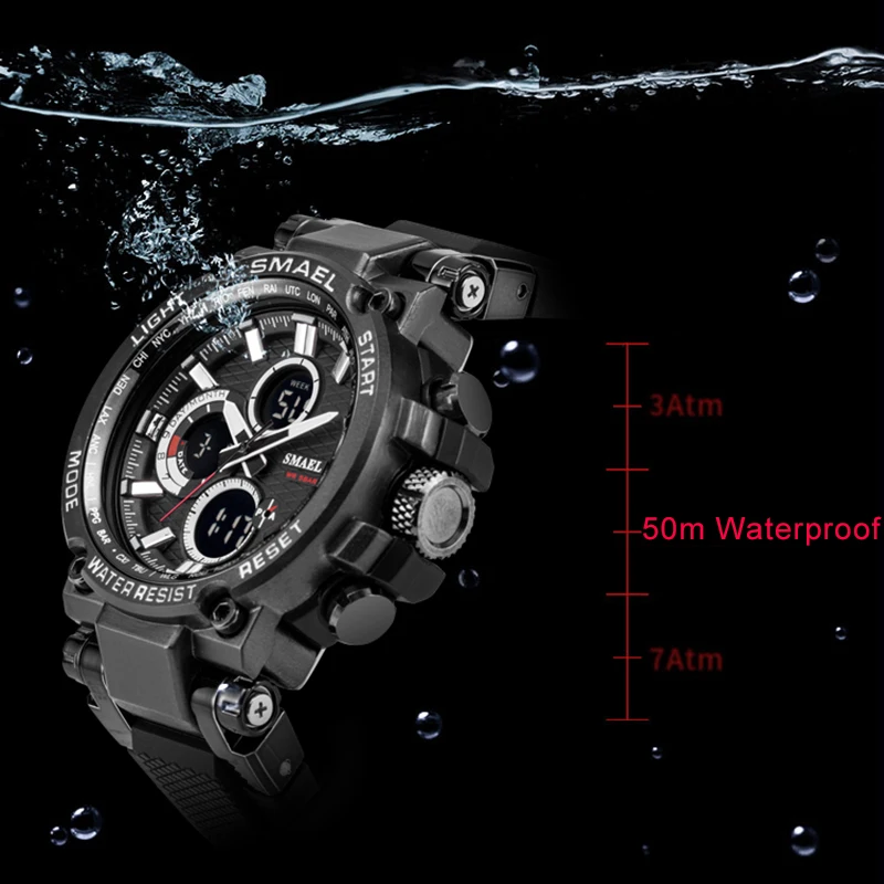 Мужские военные часы 50 м, водонепроницаемые наручные часы, светодиодный, кварцевые часы, спортивные часы, мужские часы 1803 Smael, мужские часы