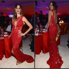 Индивидуальный заказ vestido de festa Новые Сексуальные Русалка Длинные без рукавов с открытой спиной красные платья знаменитостей с кружевами с разрезом спереди