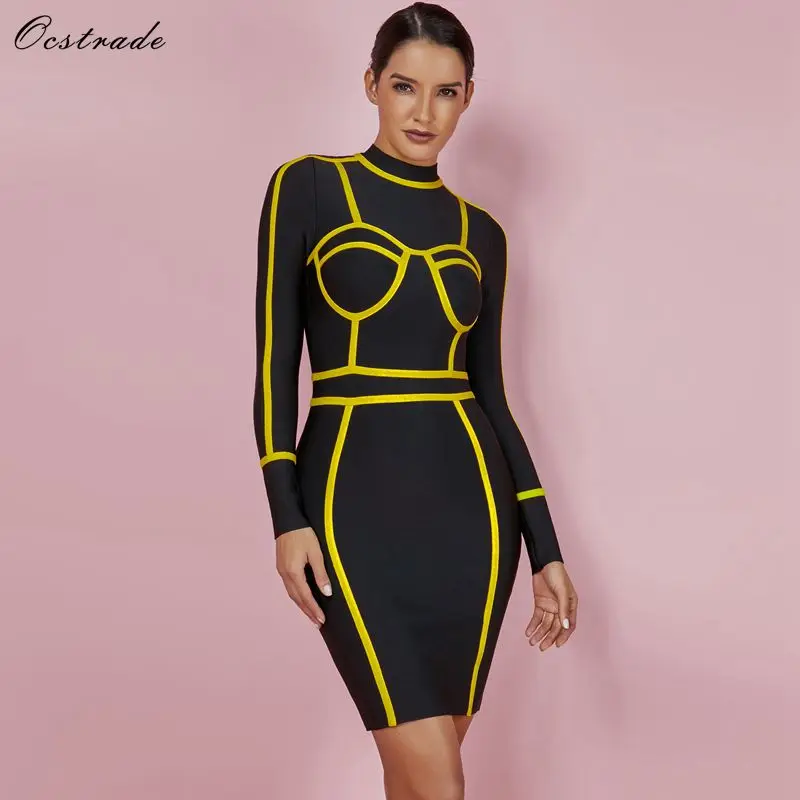 Ocstrade Women Bandage Dress New Sexy Yellow Symmetrical Outline