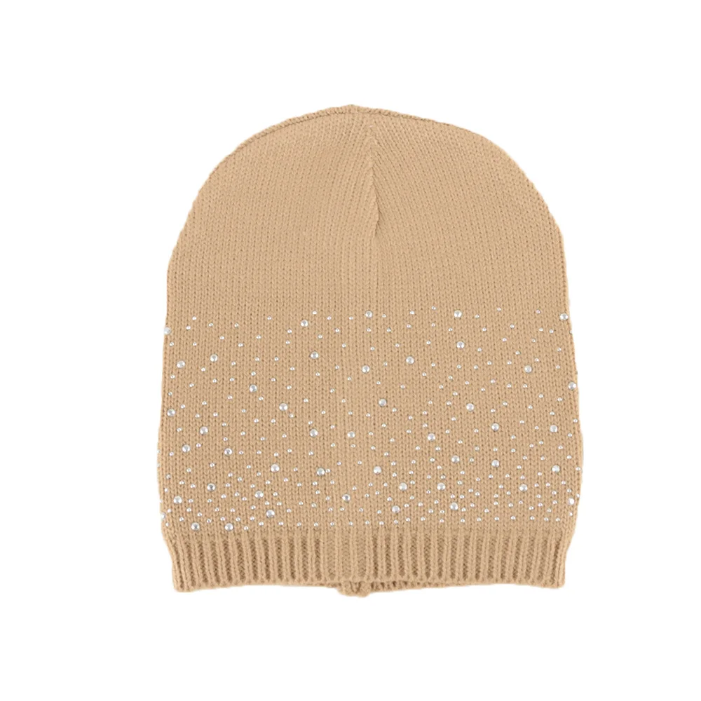 Women Knitted Cotton Hat Winter Warm Cap Rhinestone Glistening Beanie