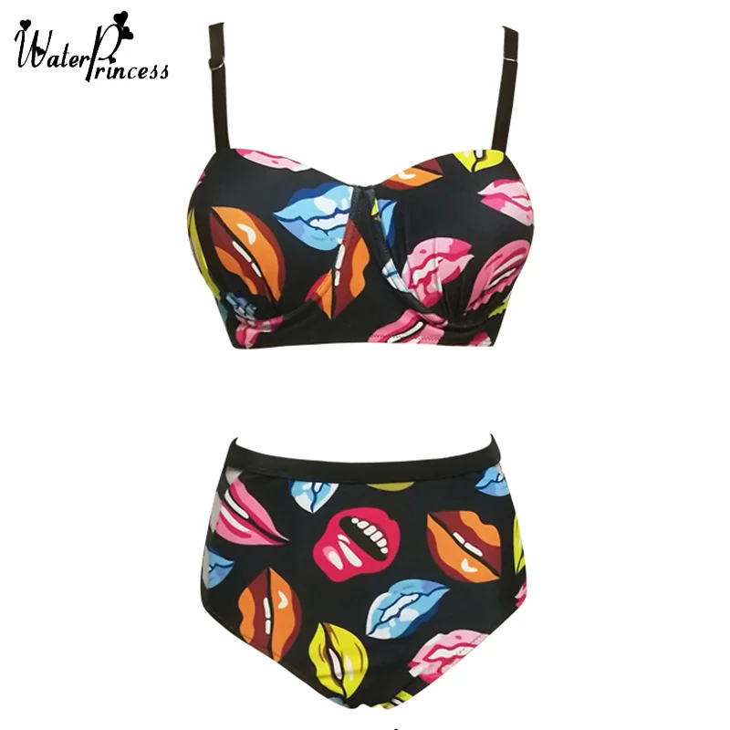 

WATER PRINCESS Print High Waist Swimsuit Bikini Push Up Swimwear Women Vintage Biquini Bathing Suit Maillot de Bain Femme