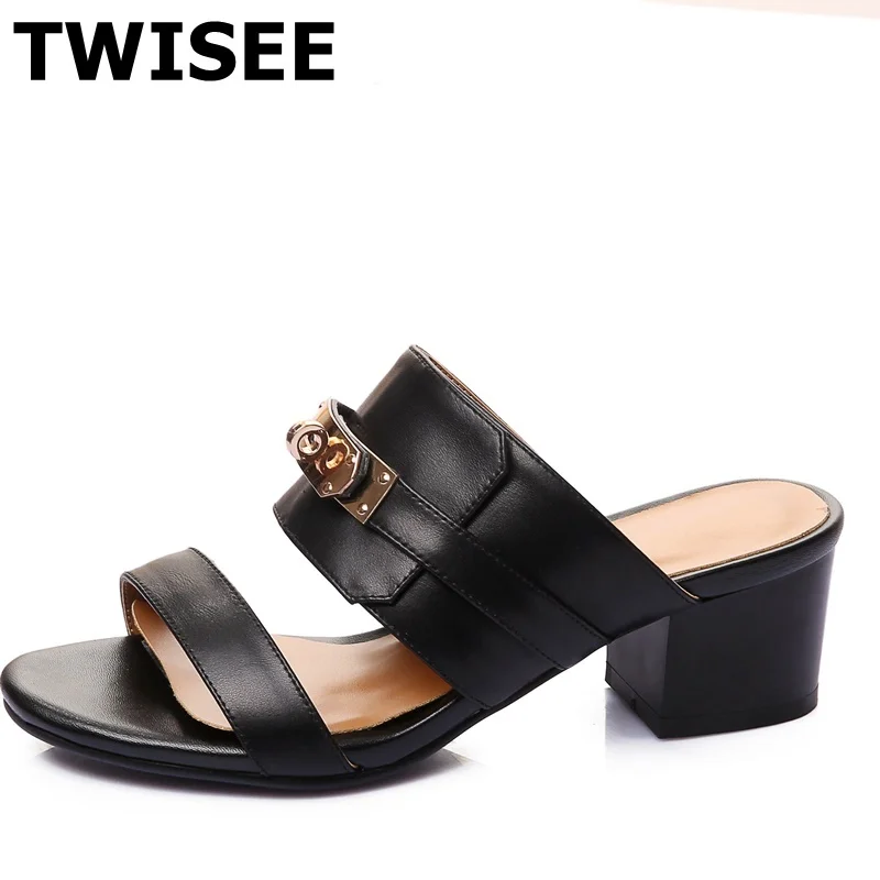 

TWISEE med heels 5 cm ladies women shoes sandals Genuine Leather summer sandals Solid peep toe Buckle woman casual shoes
